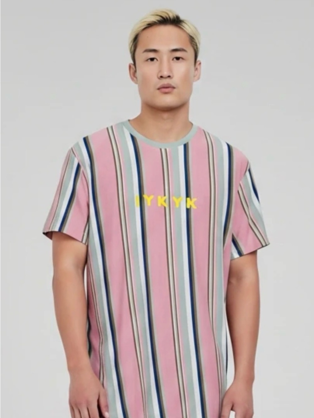 Vertical Stripe Pink Short-Sleeve Tee with Subtle Logo